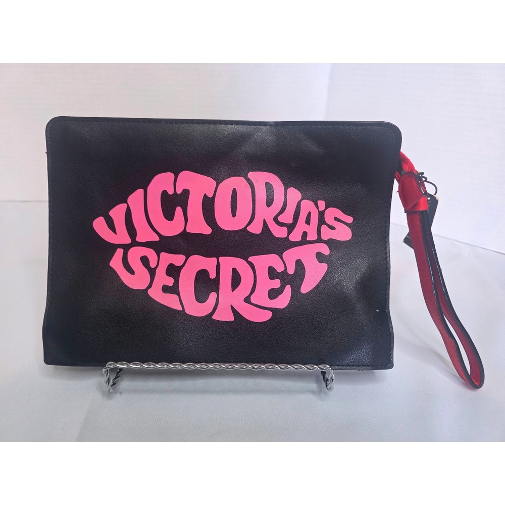 Victorias Secret Black Pink Just Add Lipstick Wristlet Pouch Clutch NWT